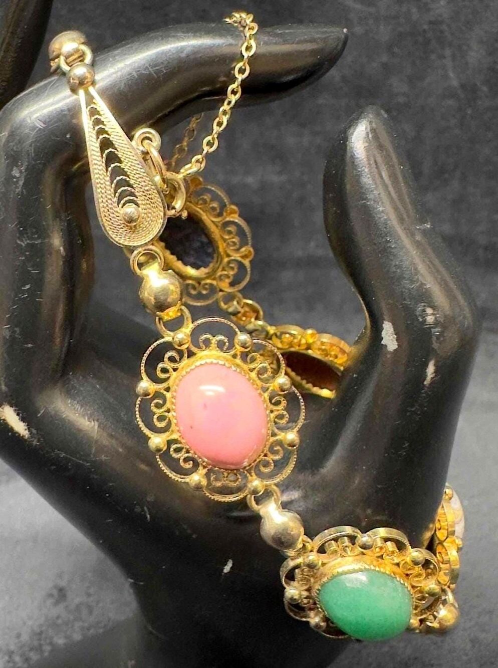 12K Gold Filled Filigree SCARAB Beetle Bracelet Crazy Lace Agate, Lapis Jade